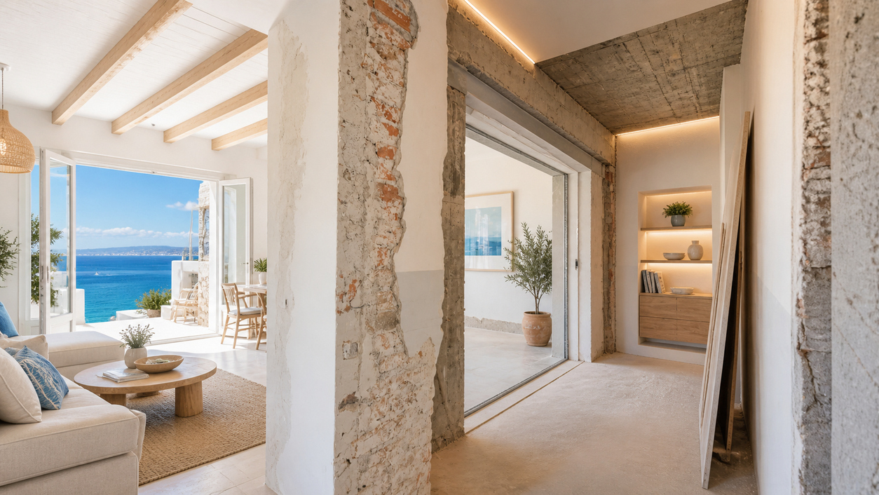 Greek island apartment renovation with bright modern interior and Aegean sea view
