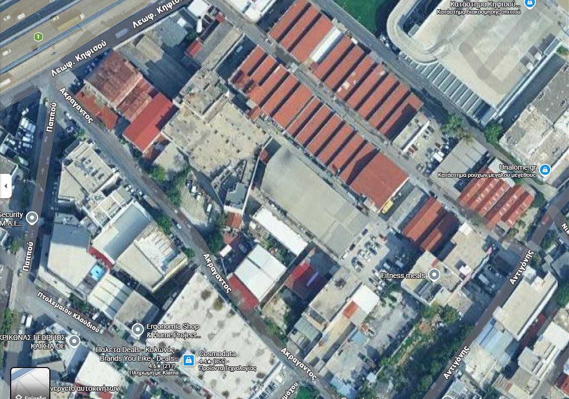 Aerial view of a leased 630 sqm warehouse at 54 Kifisou Avenue, Athens, located within an industrial park with 24/7 security