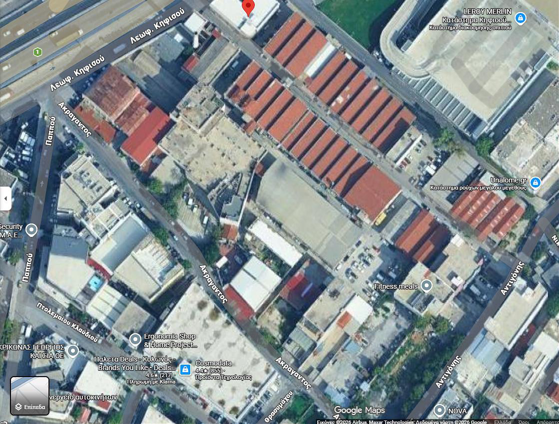 Aerial view of a leased 630 sqm warehouse at 54 Kifisou Avenue, Athens, located within an industrial park with 24/7 security