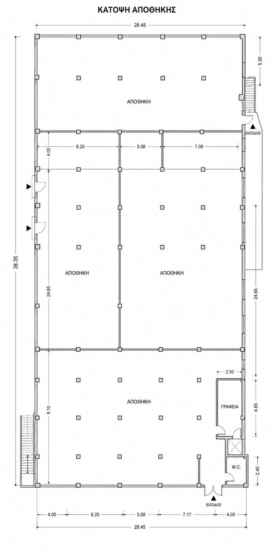 Floor plan of a leased semi-basement warehouse of 630 sq.m. on Kifisou Avenue, Athens