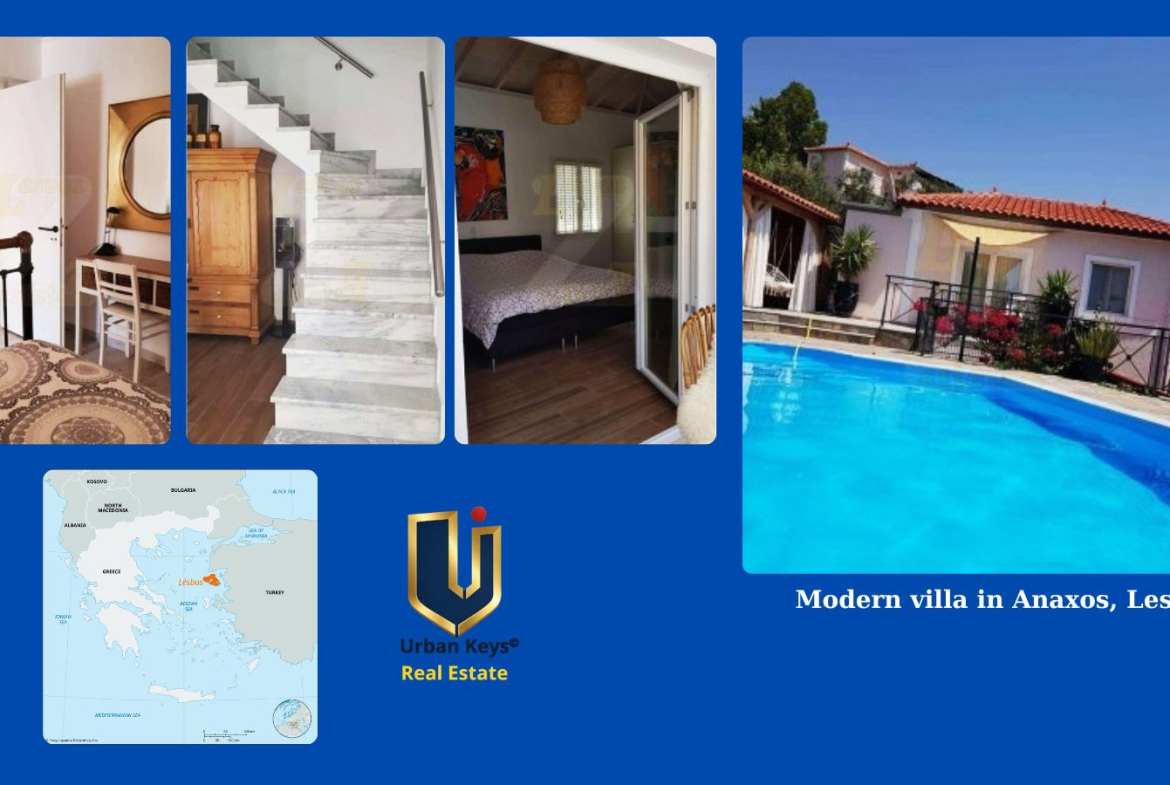Promotional collage featuring a villa with pool, interiors and Lesvos map