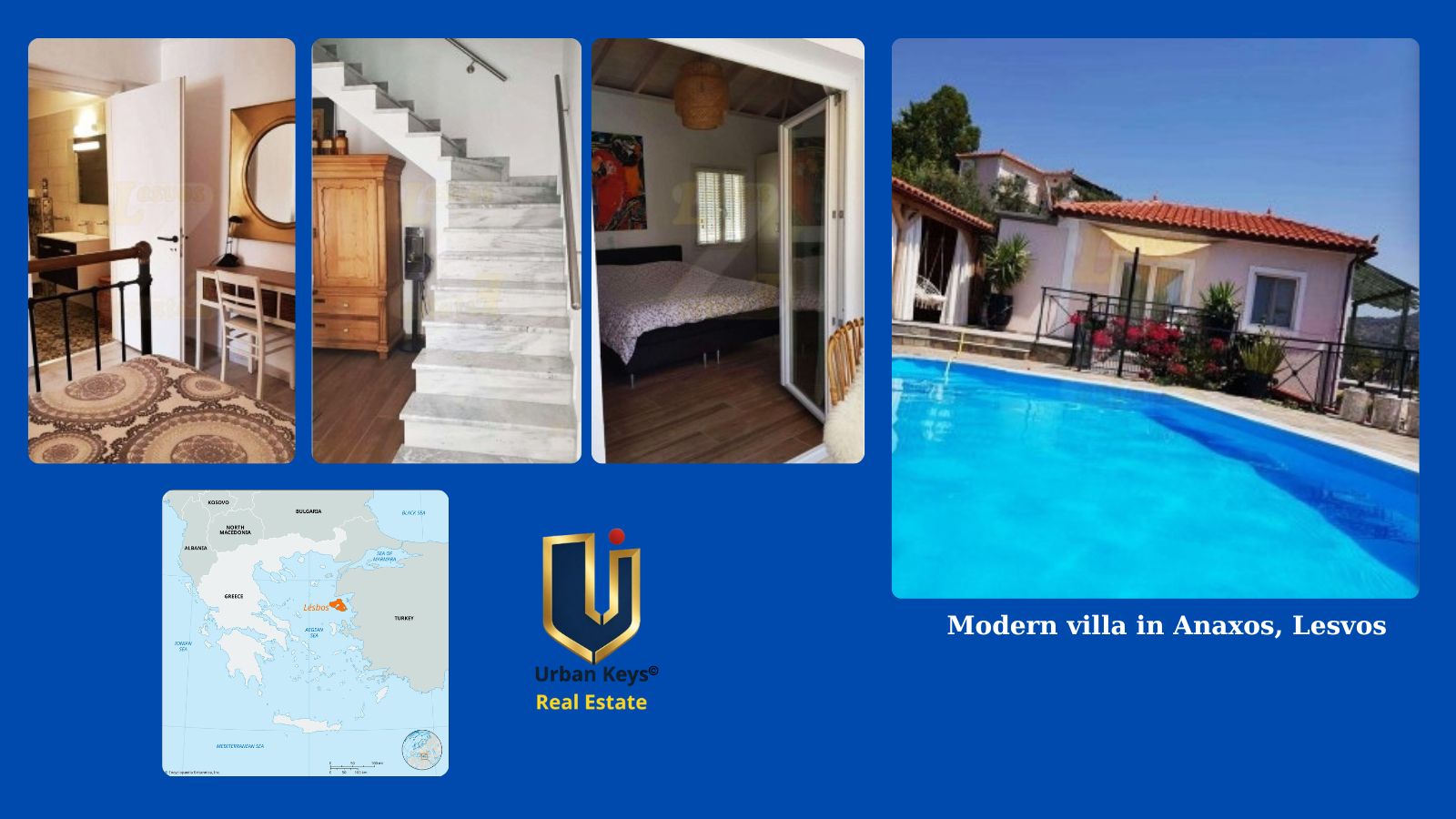 Promotional collage featuring a villa with pool, interiors and Lesvos map