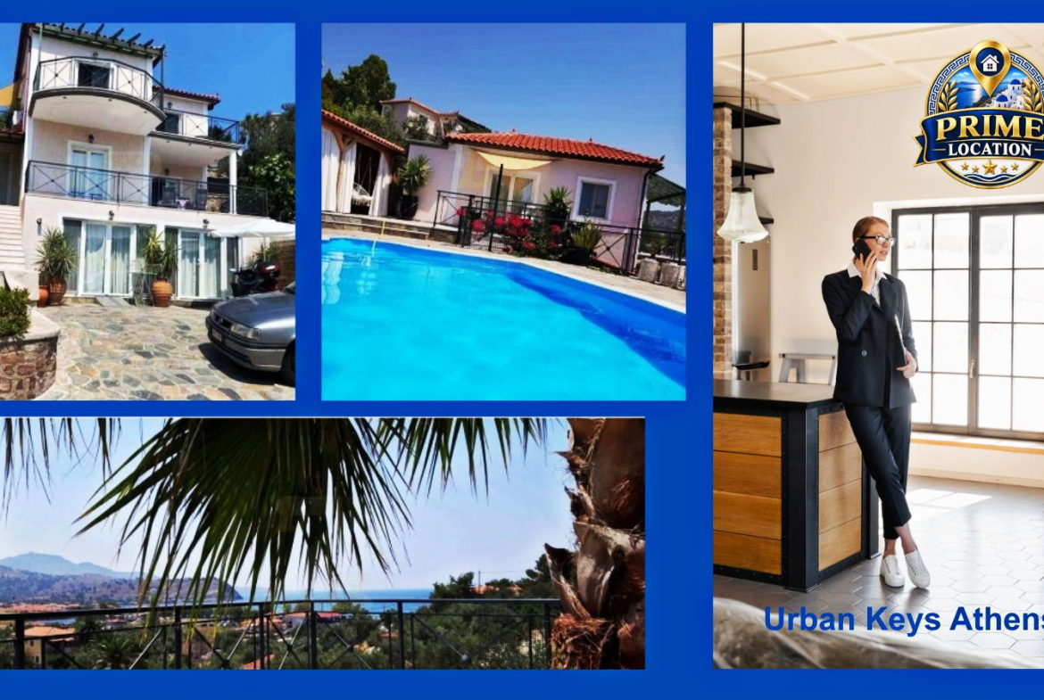 Anaxos Lesvos villa with swimming pool, sea views and professional real estate presentation