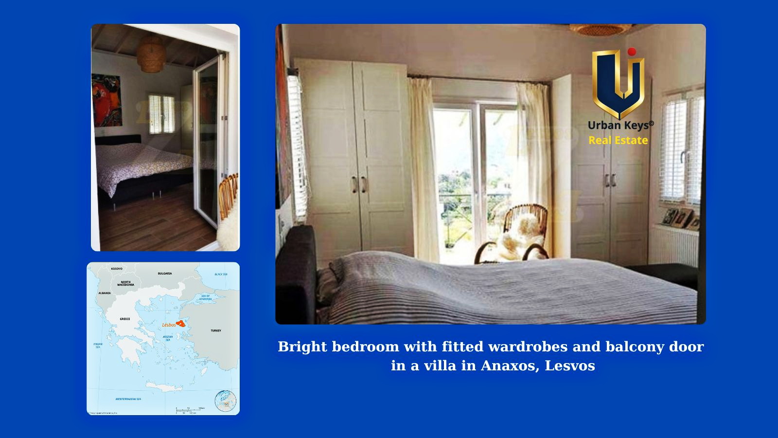 Bright bedroom with fitted wardrobes and balcony door in a villa in Anaxos, Lesvos