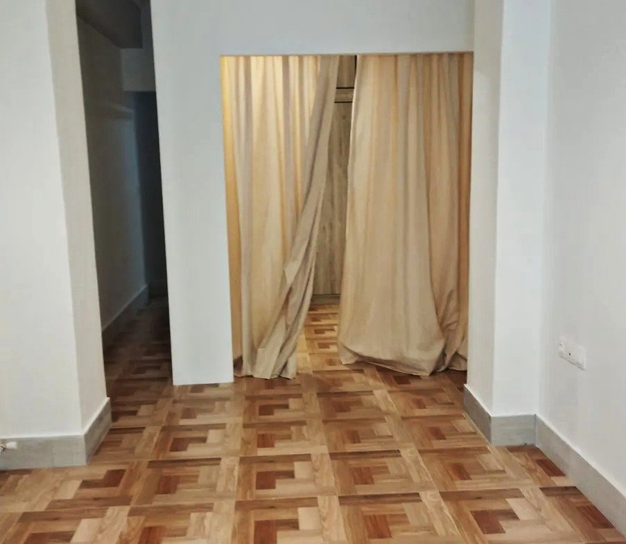 Interior view of the apartment from the balcony doorway, showing parquet flooring