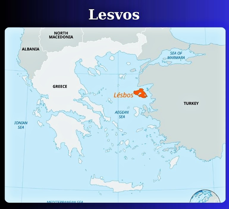 Map of Lesvos Island in the North Aegean, Greece