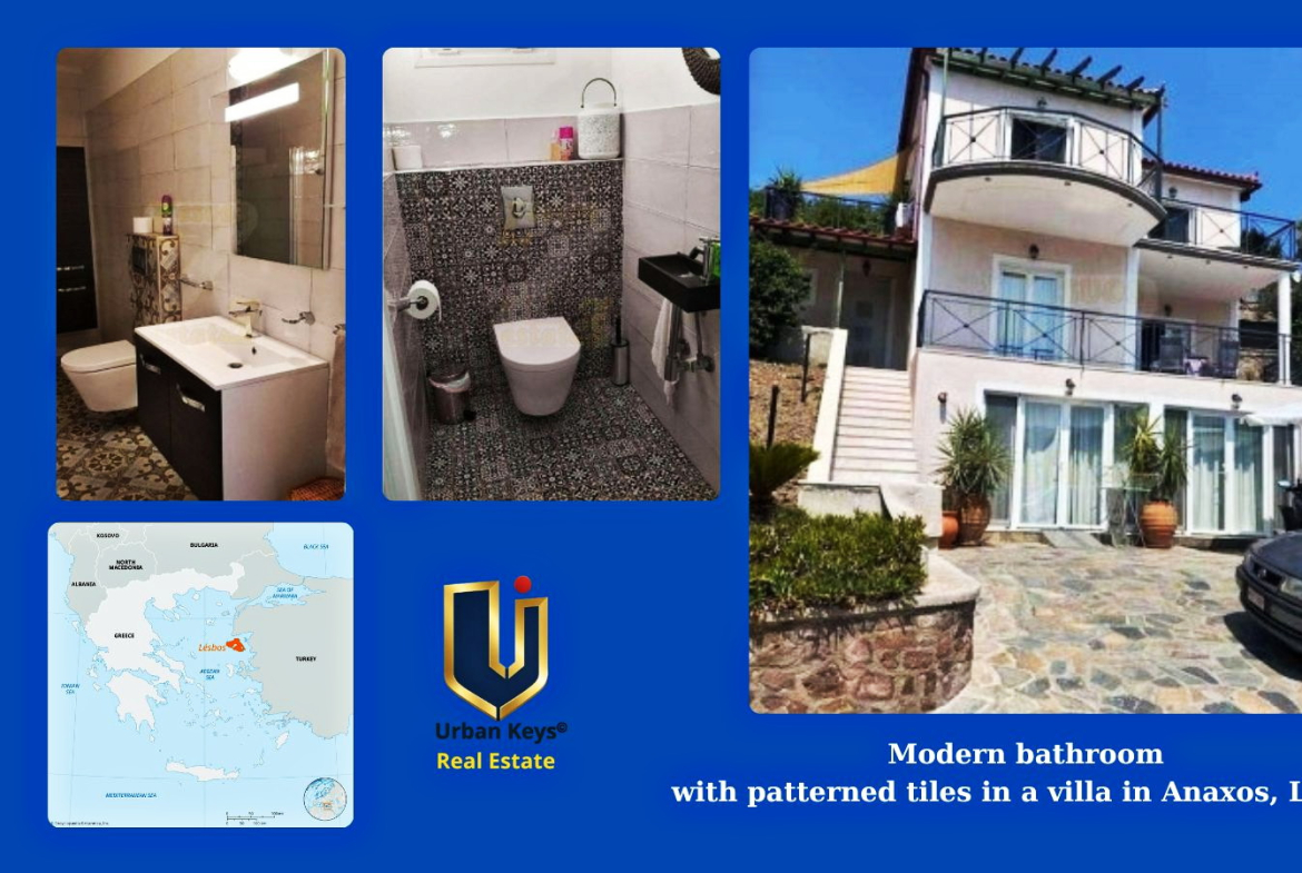 Modern bathroom with patterned tiles in a villa in Anaxos, Lesvos