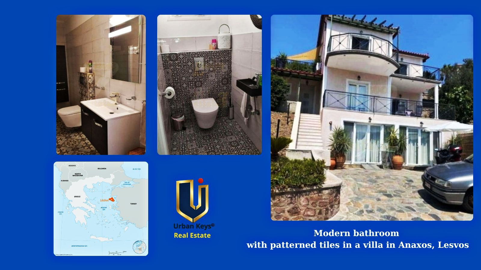 Modern bathroom with patterned tiles in a villa in Anaxos, Lesvos