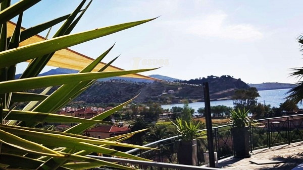 View from the swimming pool and large balcony overlooking Anaxos, Lesvos