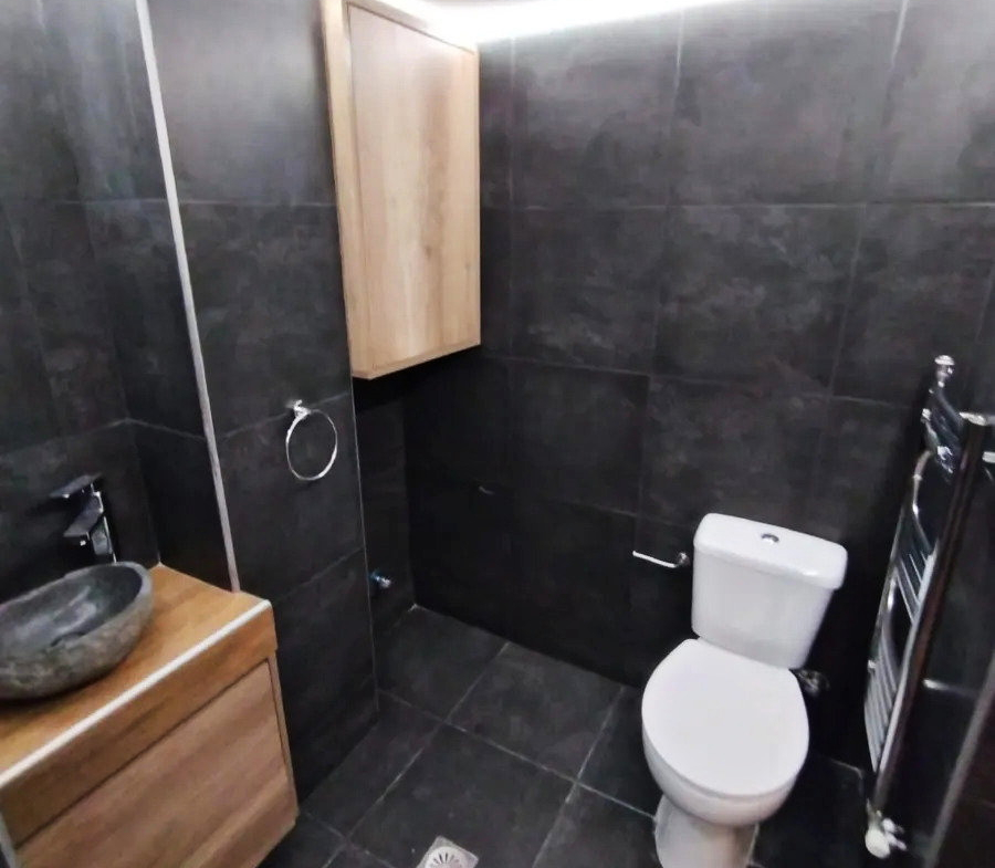 Toilet and dark tiled walls in an apartment bathroom in Ano Patisia, Athens