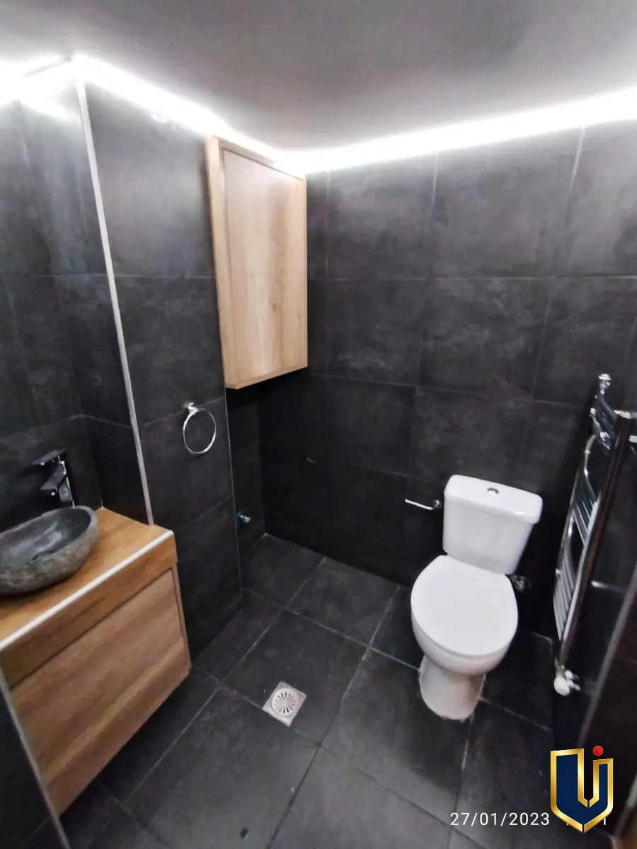 Toilet and dark tiled walls in an apartment bathroom in Ano Patisia, Athens