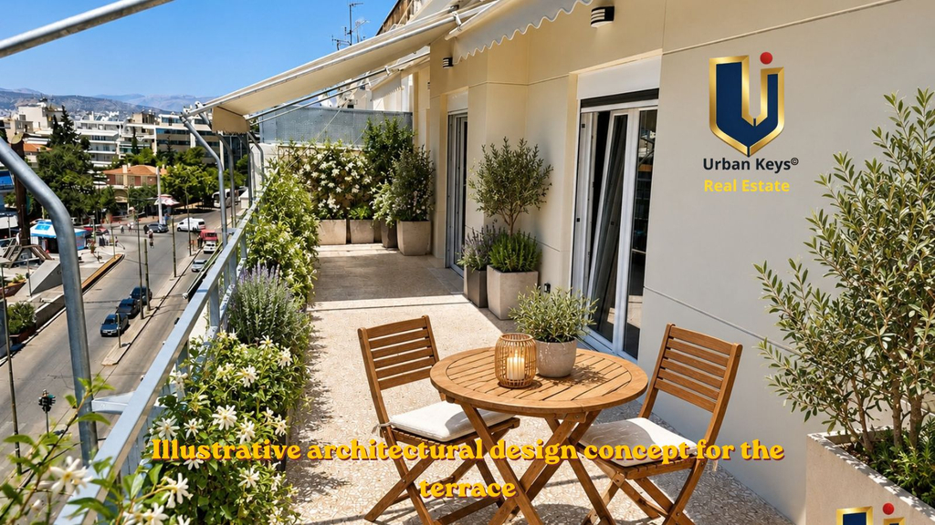 Illustrative terrace design with potted plants, a wooden table and chairs, and a candle lantern at a penthouse in Kato Patissia, Athens.