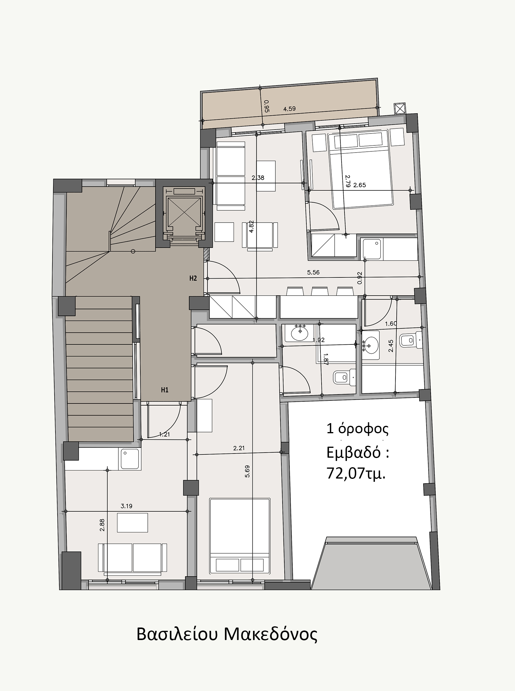 First-floor plan of the Athens investment building, showing a 72.07 sq.m. layout with furnished living and sleeping areas, bathrooms, a lift, and a staircase.
