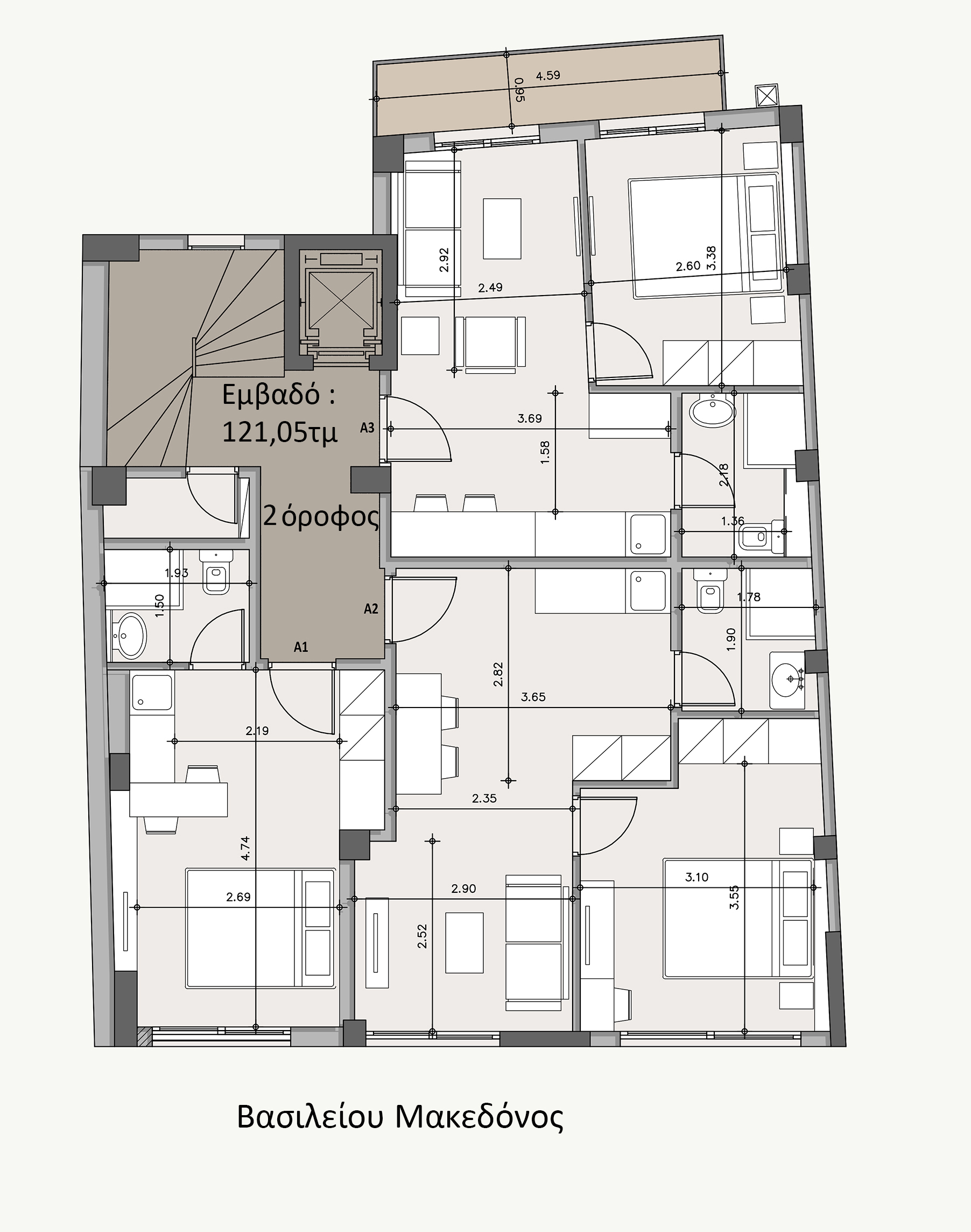 Second-floor plan of the Athens investment building, showing a 121.05 sq.m. layout with living and sleeping areas, bathrooms, a lift, and a staircase.