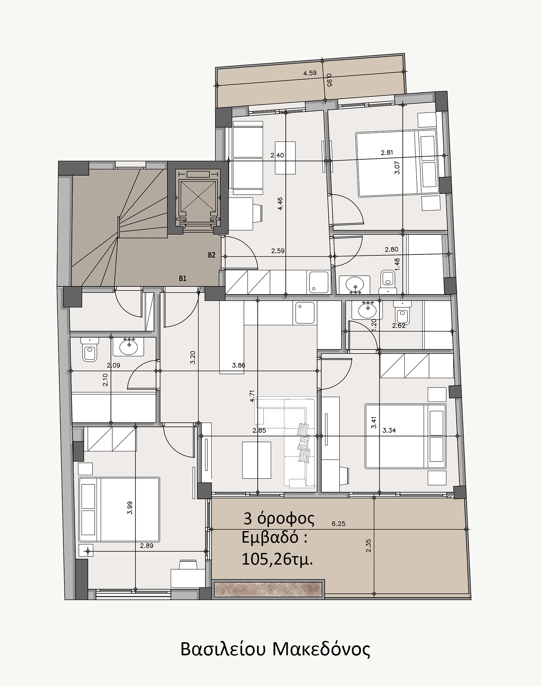 Third-floor plan of the Athens investment building, showing a 105.26 sq.m. layout with living and sleeping areas, bathrooms, a lift, and a staircase.
