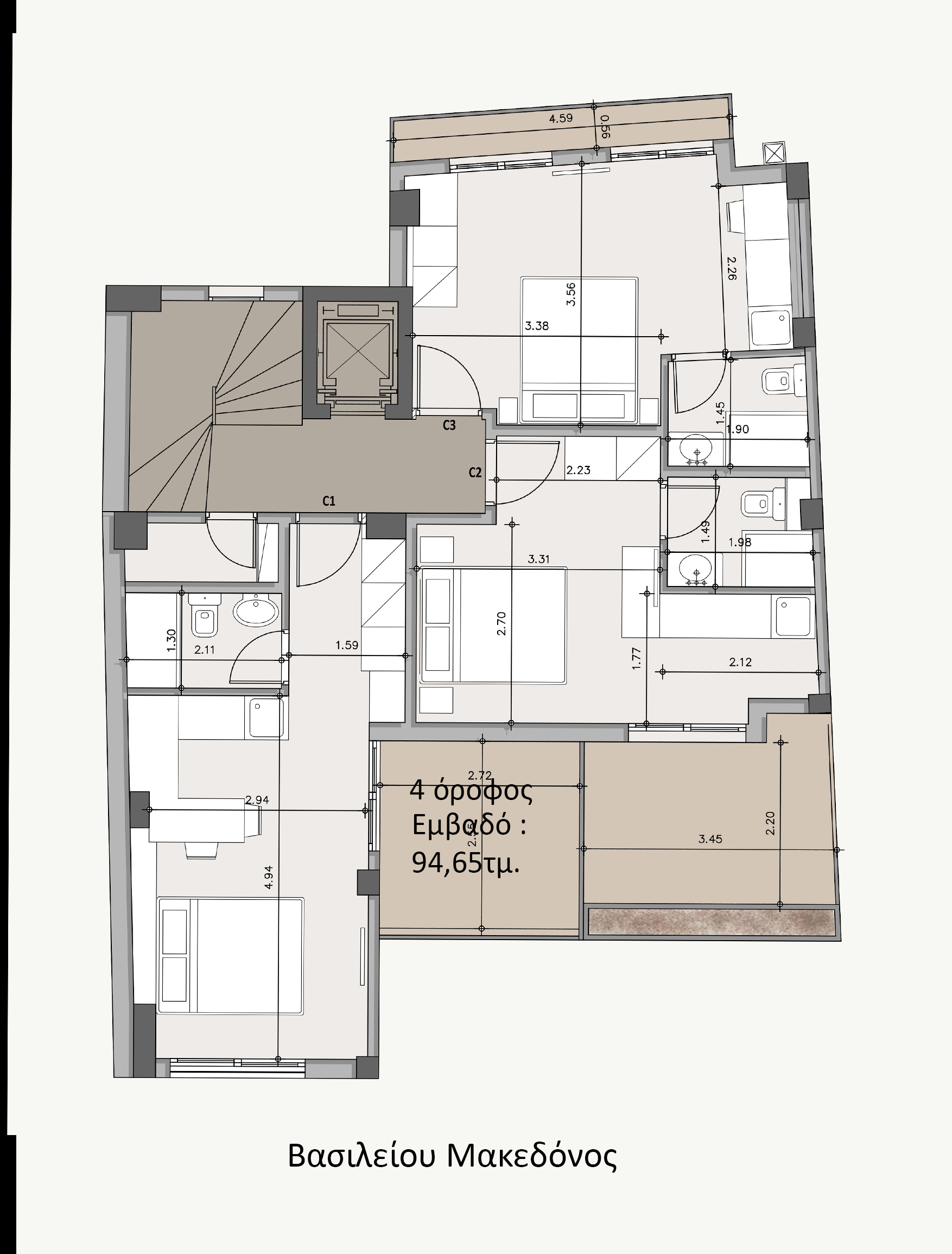 Fourth-floor plan of the Athens investment building, showing a 94.65 sq.m. layout with living and sleeping areas, bathrooms, a lift, and a staircase.
