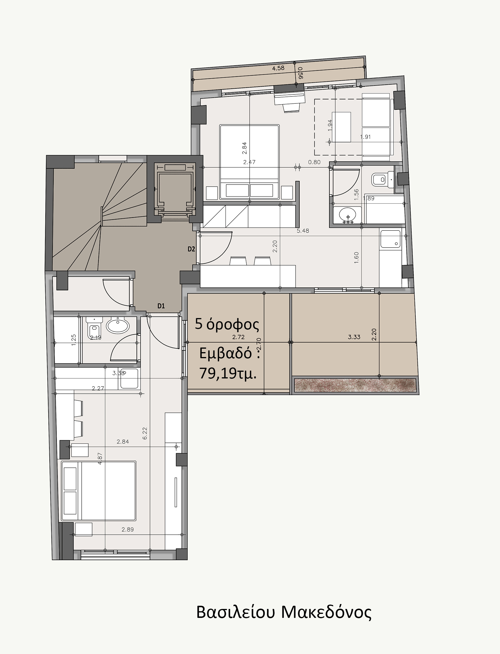 Fifth-floor plan of the Athens investment building, showing a 79.19 sq.m. layout with living and sleeping areas, bathrooms, a lift, and a staircase.