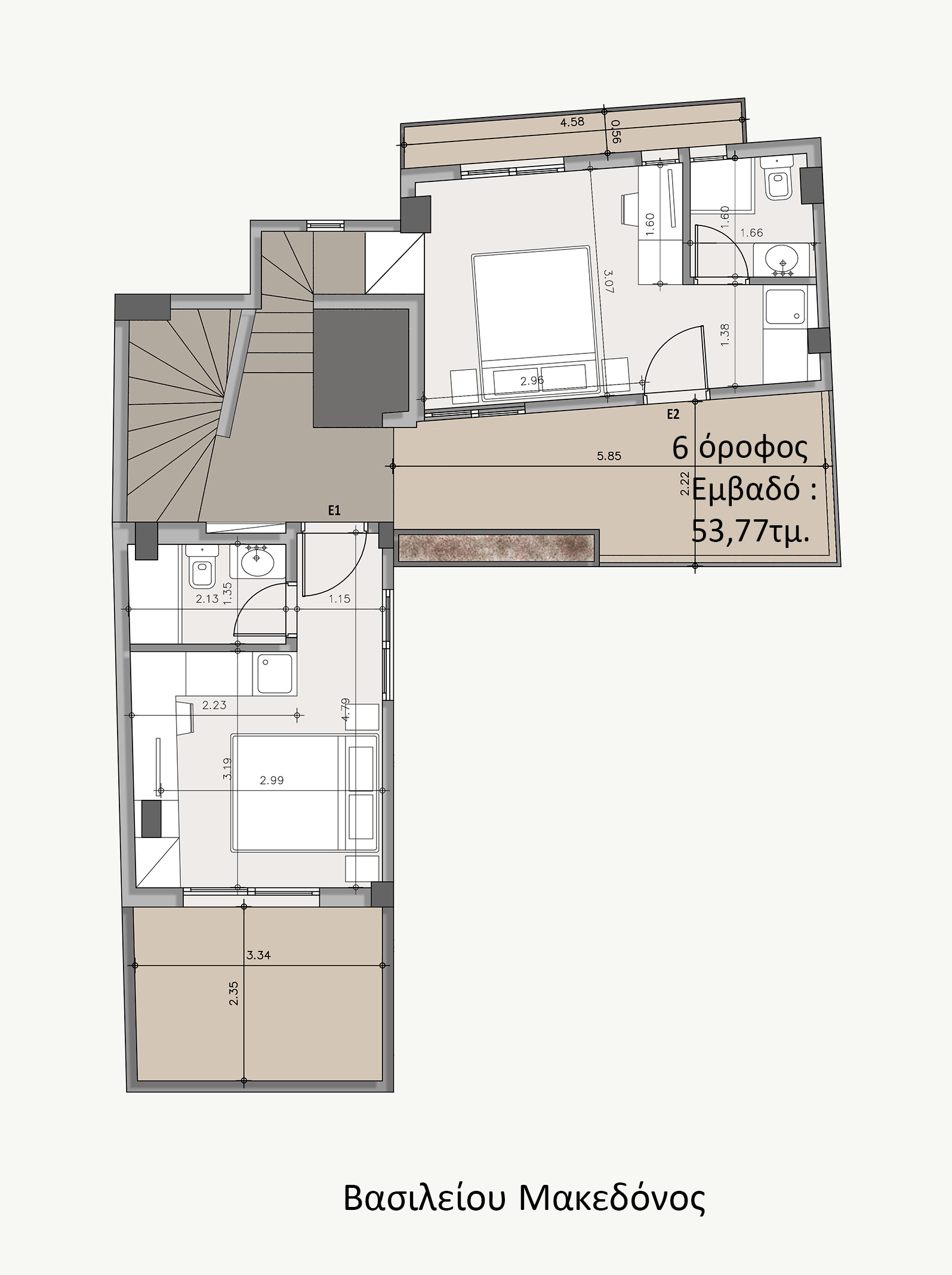 Sixth-floor plan of the Athens investment building, showing a 53.77 sq.m. layout with living and sleeping areas, bathrooms, and adjoining outdoor spaces.