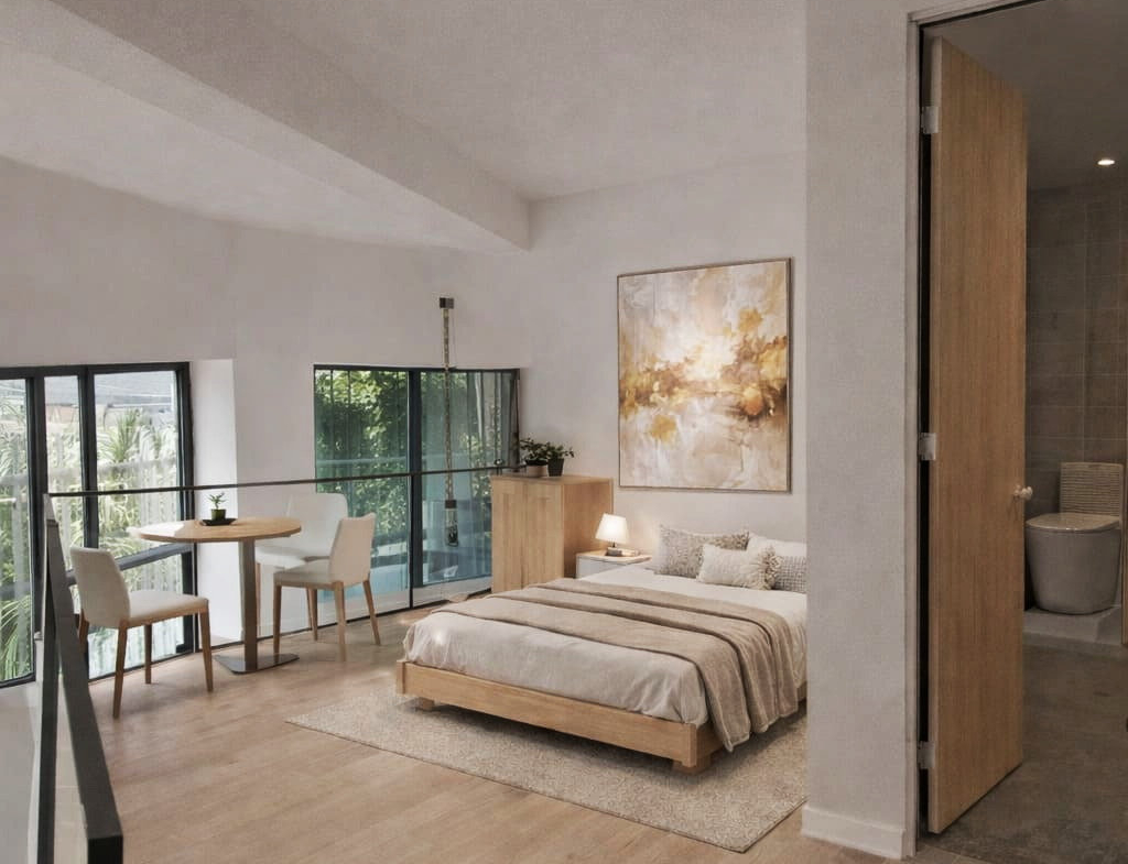 Illustrative open-plan living and dining area with large windows and wood flooring.