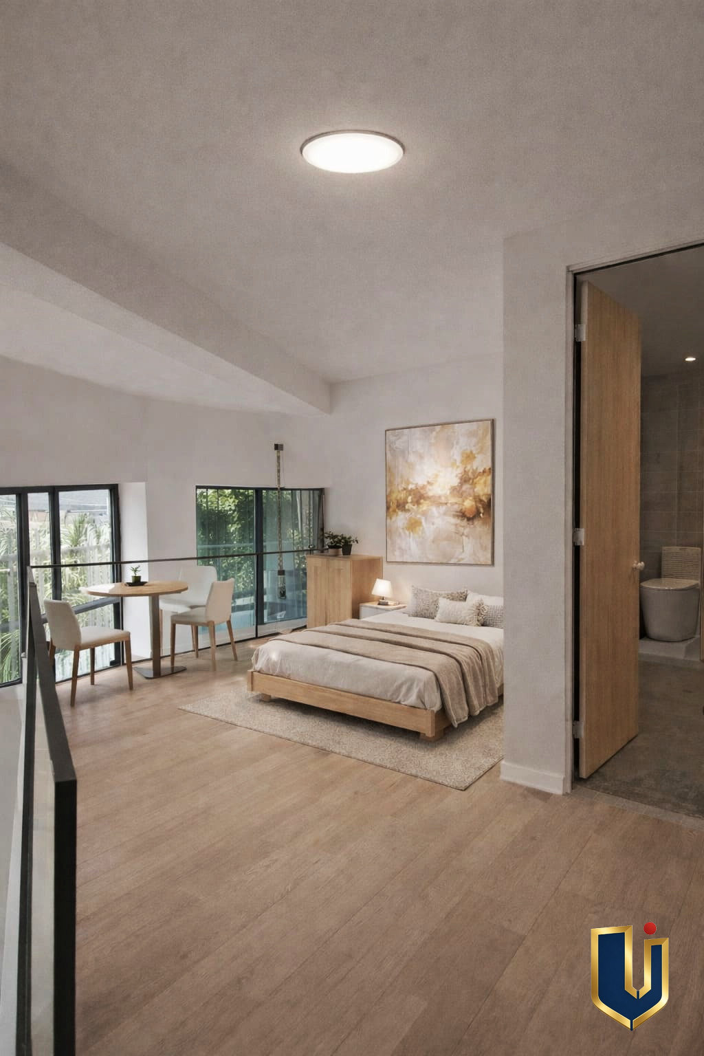 Illustrative open-plan living and dining area with large windows and wood flooring.