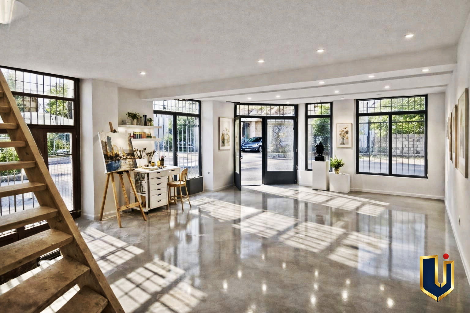 Illustrative open-plan interior with a staircase, seating area and large windows.