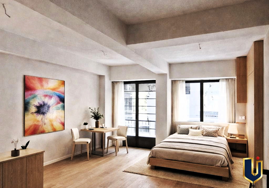 Illustrative open-plan interior with large windows, warm wood flooring and a seating area.