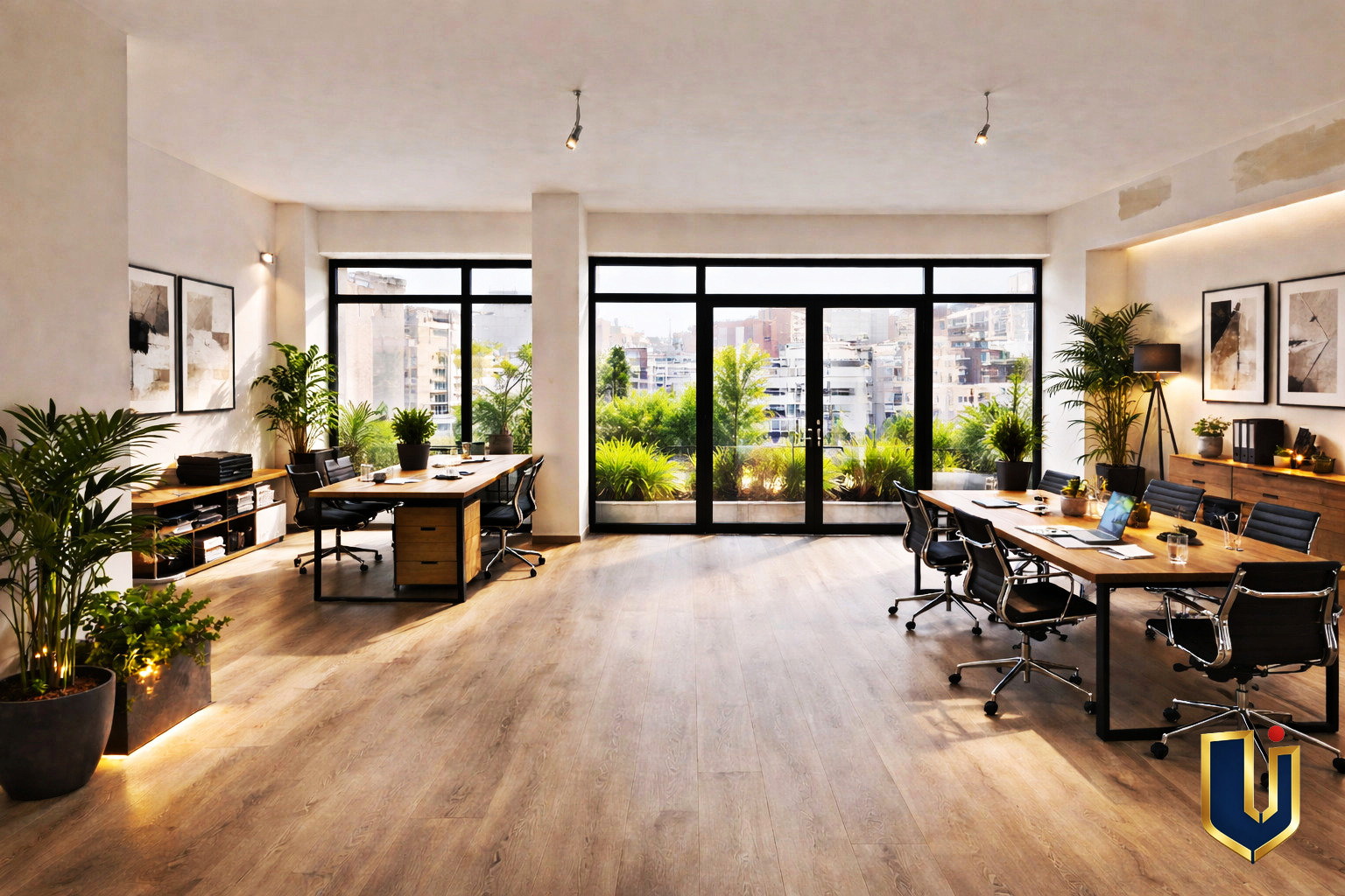 Illustrative open-plan office interior with wooden flooring, indoor plants and full-height windows.