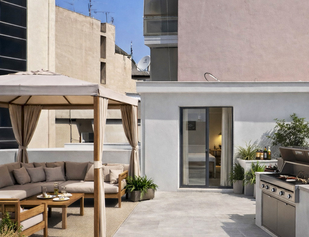 Illustrative rooftop terrace with outdoor seating and a pergola beside a modern building.