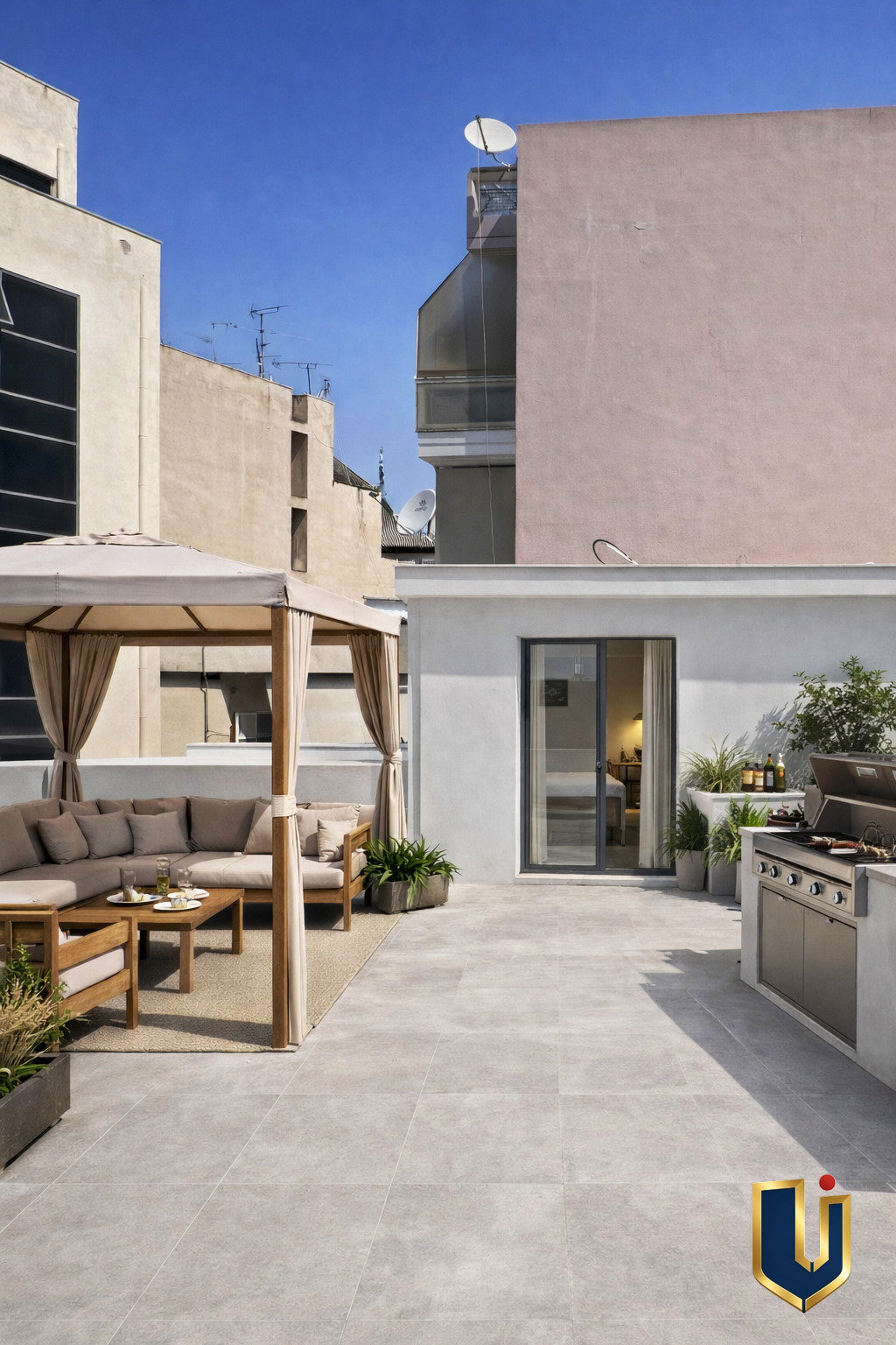 Illustrative rooftop terrace with outdoor seating and a pergola beside a modern building.