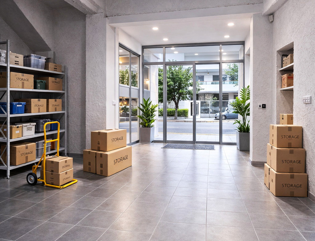 Illustrative commercial interior with tiled flooring, shelving and large glass windows.