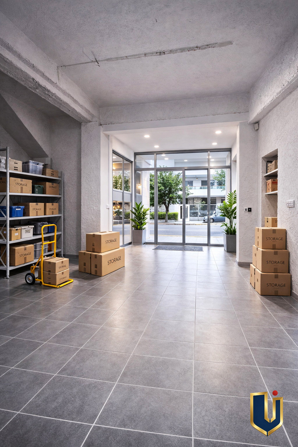 Illustrative commercial interior with tiled flooring, shelving and large glass windows.