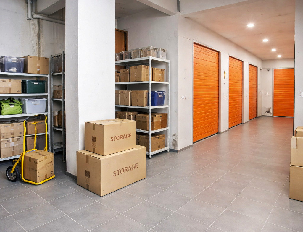 Illustrative commercial interior with tiled flooring, shelving and an orange entrance.