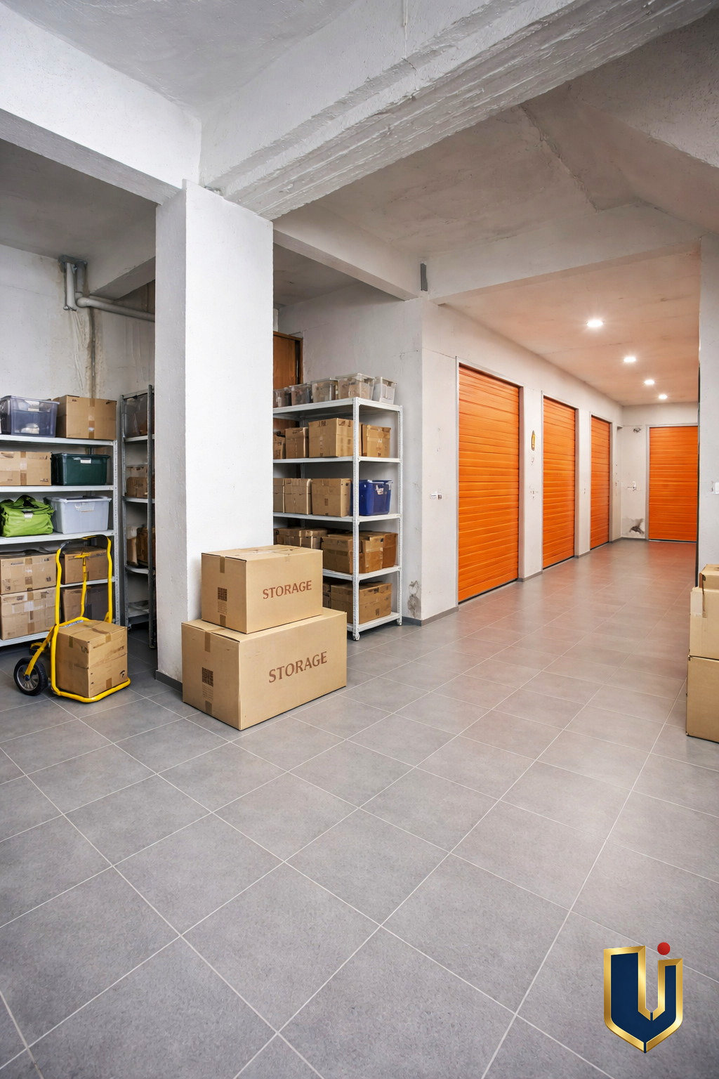 Illustrative commercial interior with tiled flooring, shelving and an orange entrance.