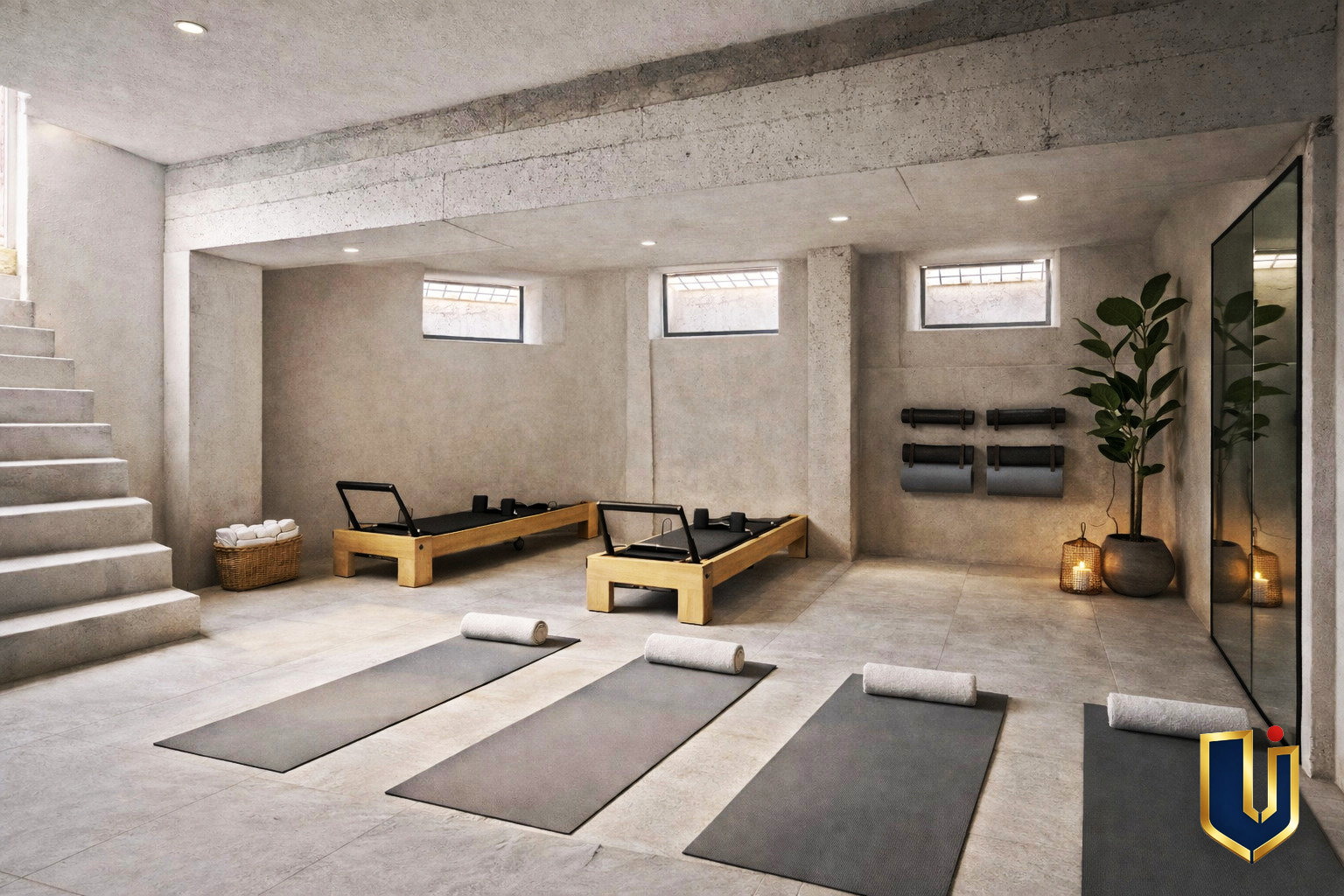 Illustrative open-plan interior with a seating area, recessed ceiling lights and stairs.