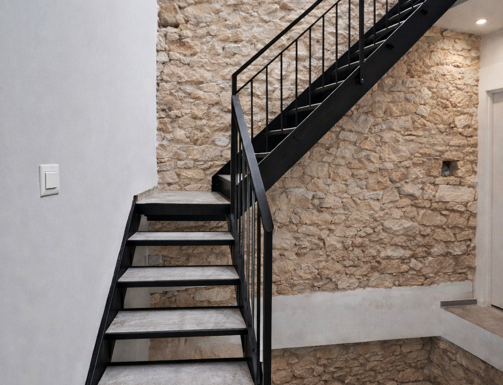 Interior staircase with a dark railing beside a stone-textured wall.