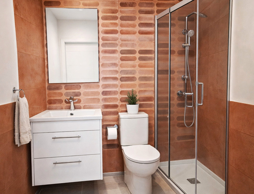 Illustrative bathroom with tiled walls, a sink and a toilet.