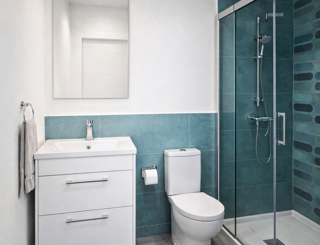 Illustrative bathroom with a white sink, toilet and blue-tiled shower area.