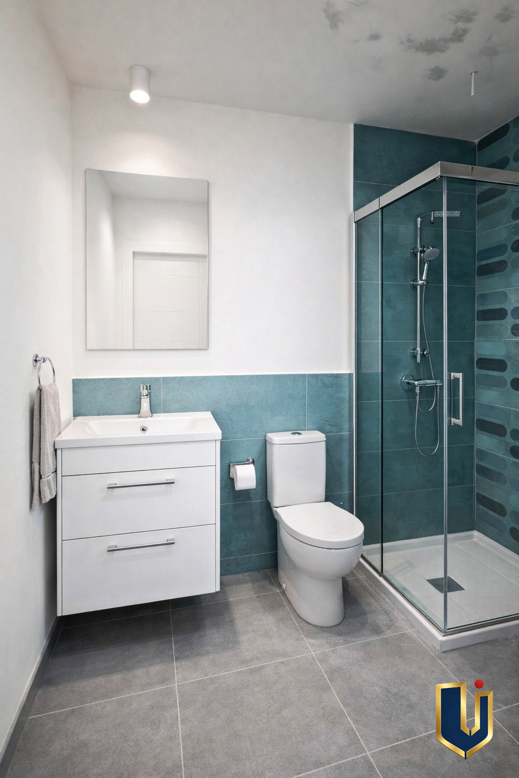 Illustrative bathroom with a white sink, toilet and blue-tiled shower area.