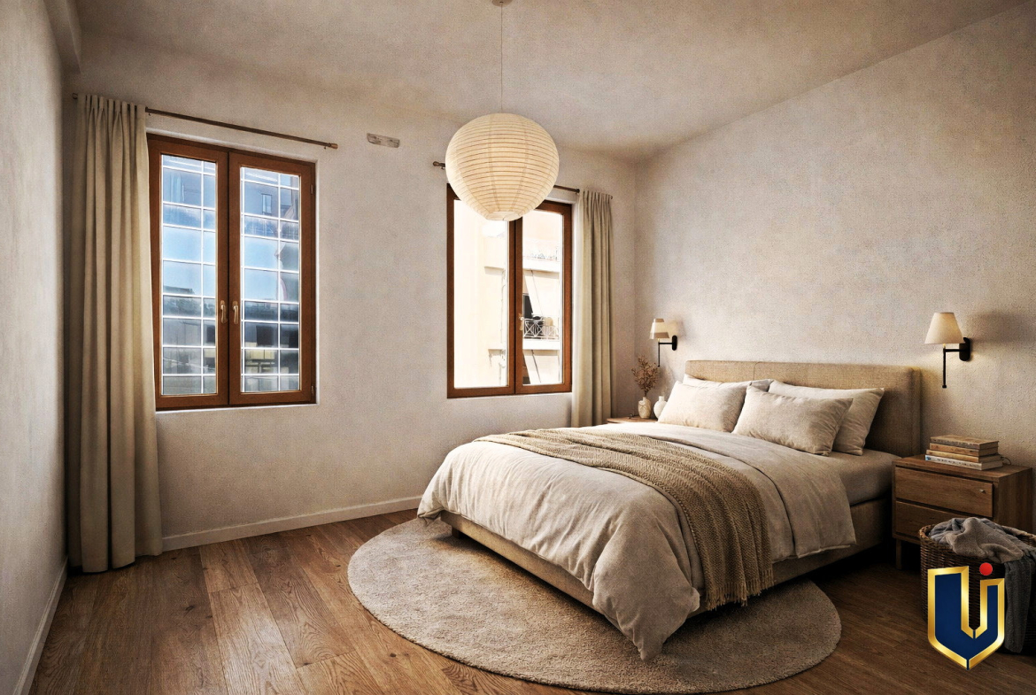 Illustrative bedroom with a low bed, neutral bedding and large windows.