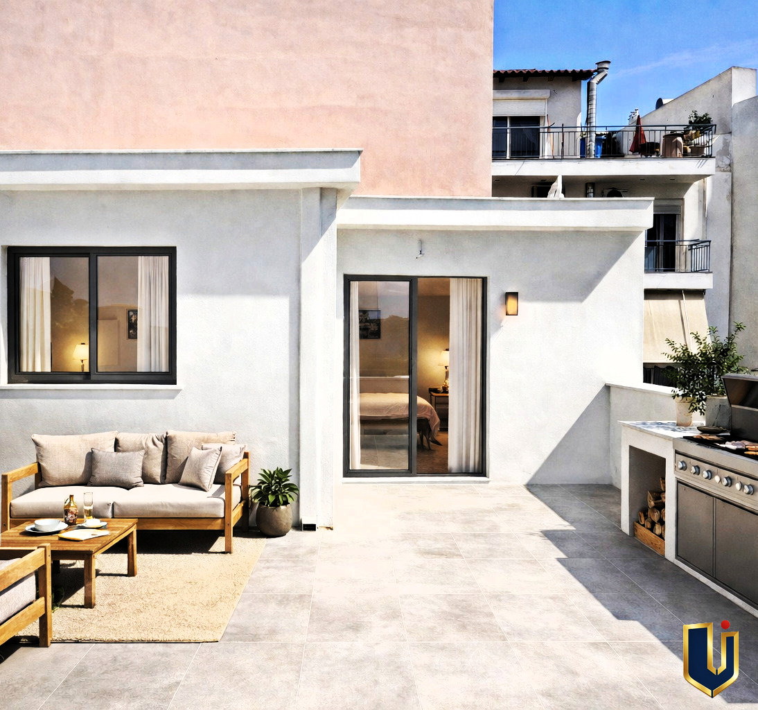 Illustrative rooftop terrace with outdoor seating beside a modern building.
