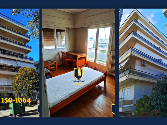Collage showing the apartment building and a furnished bedroom in Soros, Marousi