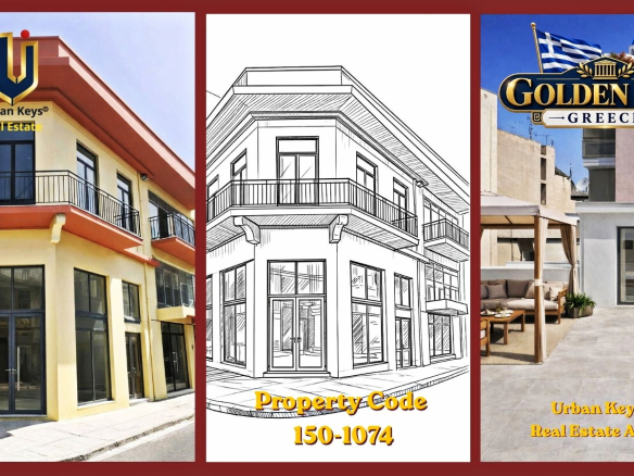 Promotional collage for property 150-1074 in Piraeus, showing a corner building, an architectural drawing and a rooftop terrace.