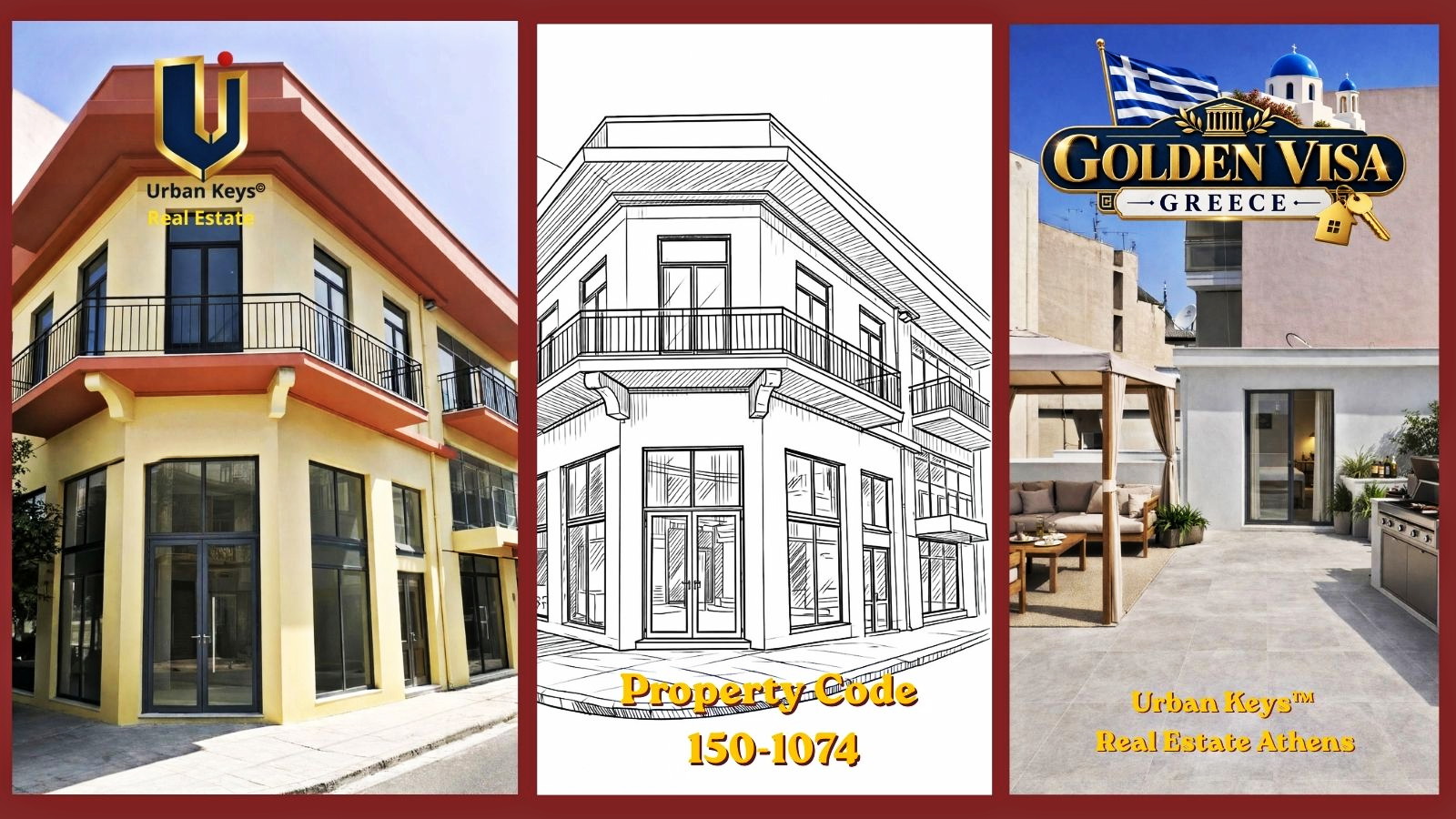 Promotional collage for property 150-1074 in Piraeus, showing a corner building, an architectural drawing and a rooftop terrace.