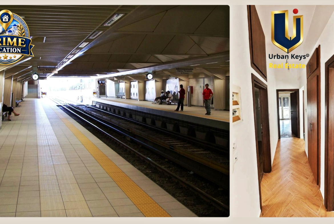Collage showing the Kato Patissia ISAP platform and the apartment’s interior hallway in Athens.