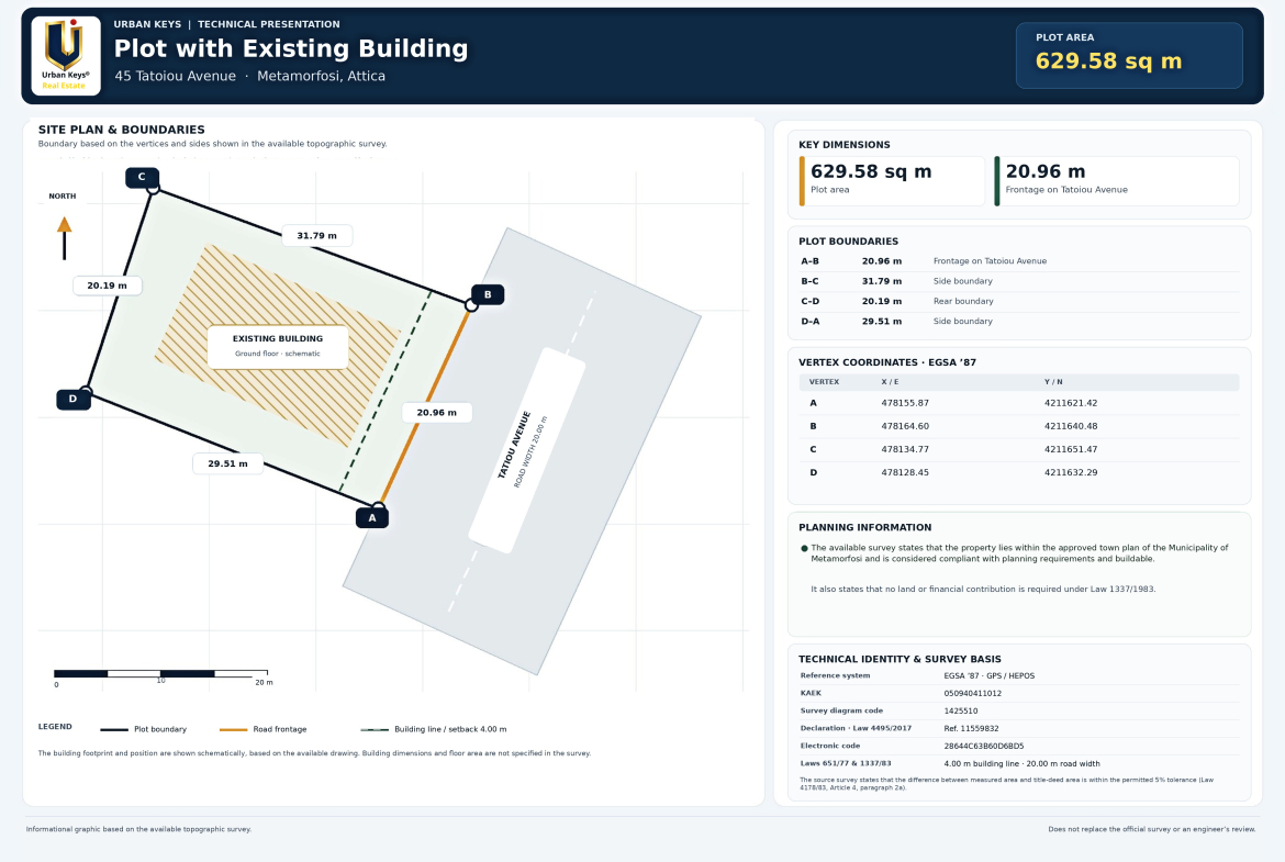 English topographic survey plan for a commercial property on Tatoiou Avenue, Metamorfosi.
