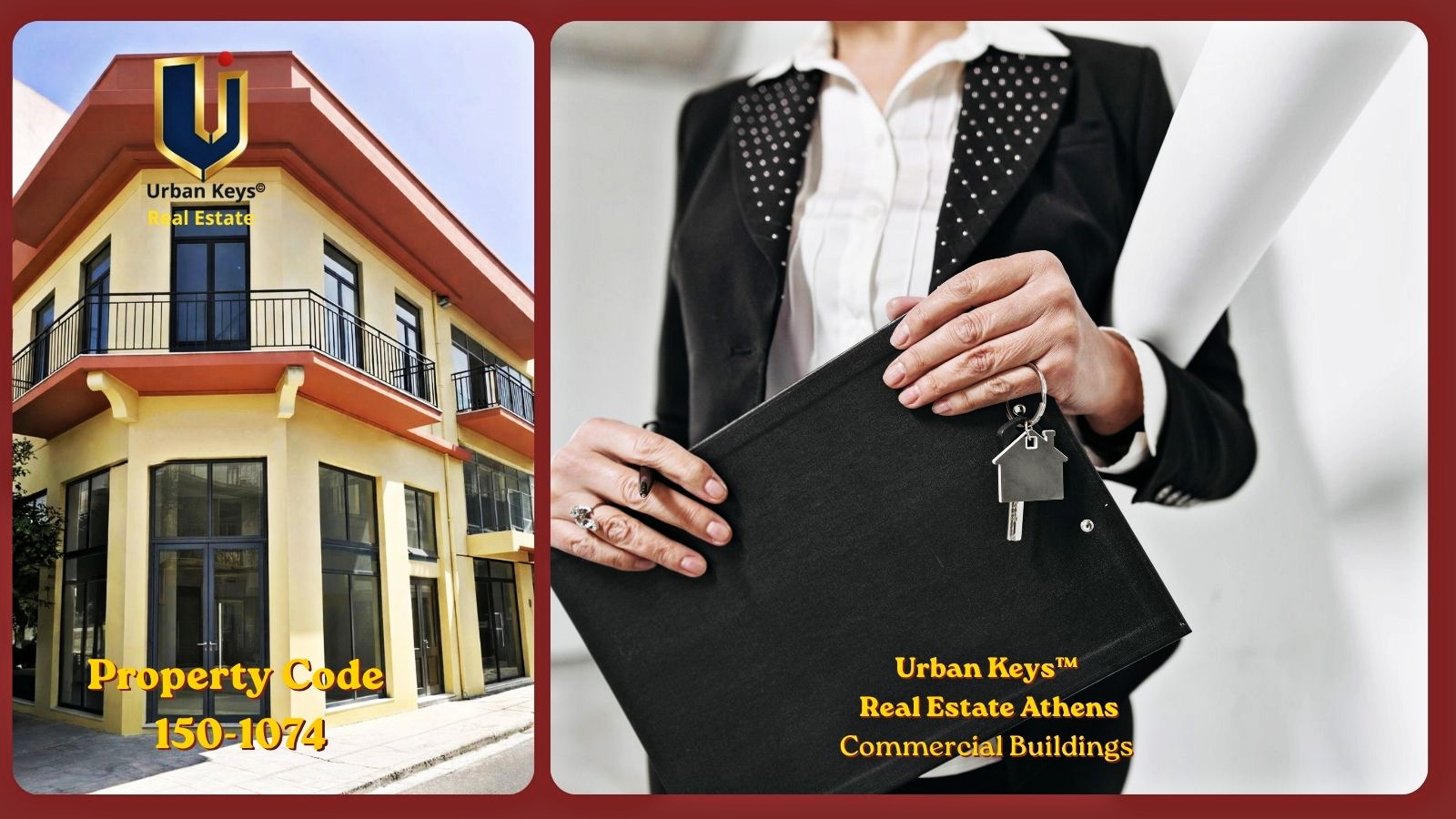 Urban Keys Athens promotional image showing a corner building in Piraeus and a property key.