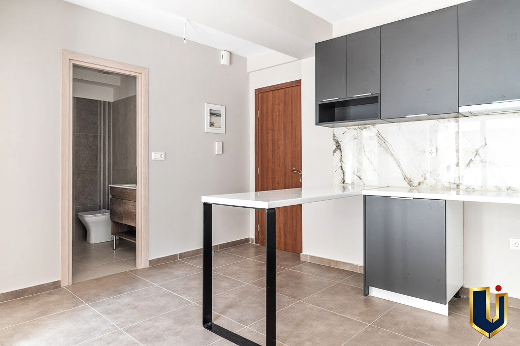 Apartment kitchen with a counter and doorway to the WC, property 150-1075 in Athens.