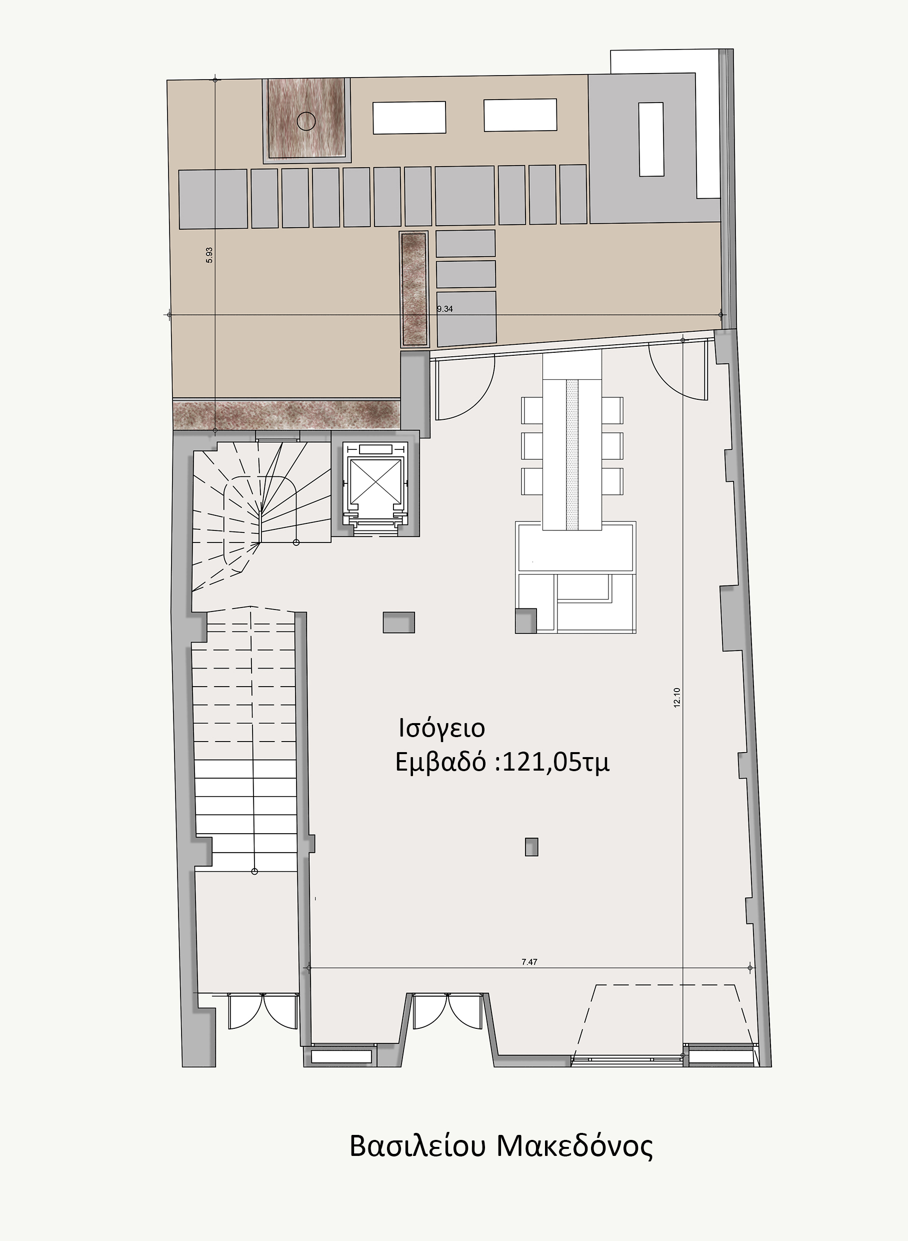 Ground-floor plan of the Athens investment building, showing a 121.05 sq.m. layout with an open-plan area, lift, staircase, and adjoining outdoor space.
