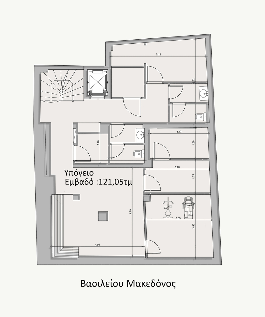 Basement floor plan for the Athens investment building, showing a 121.05 sq.m. layout with rooms, a lift, staircase, and service areas.